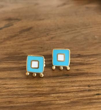 Earrings - Turquoise, white squares with gold balls 